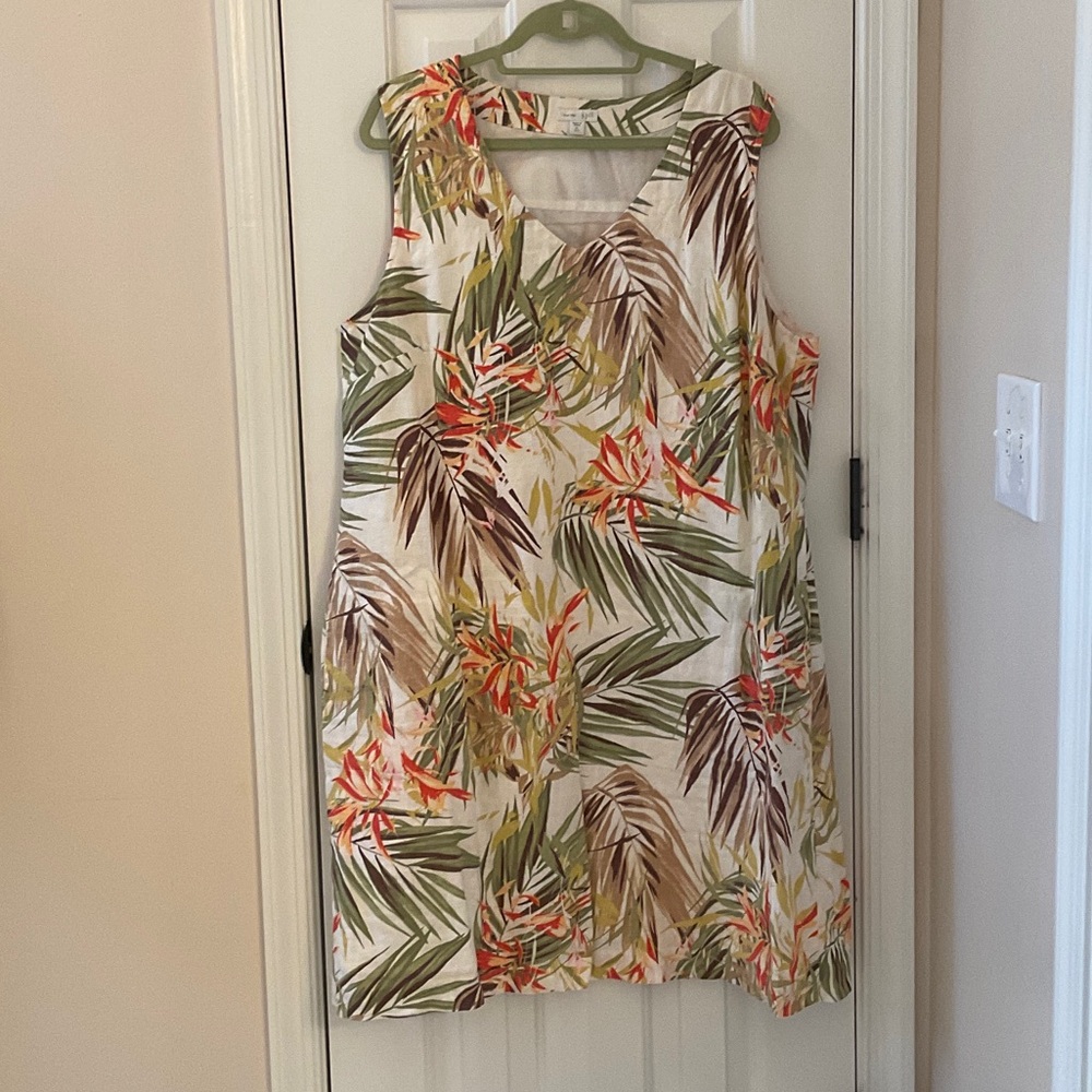 J. Jill White Linen-Blend Dress with Green Palm Print